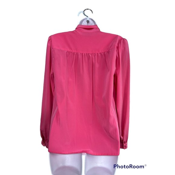 Vtg 80s Hot Pink Pussybow Blouse Sz 8 Long Sleeve Button Up Romantic Secretary - Picture 8 of 10